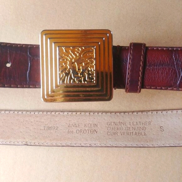 Vintage Anne Klein Oroton Brown Genuine Leather Snakeskin Gold Buckle Be… - Picture 1 of 13